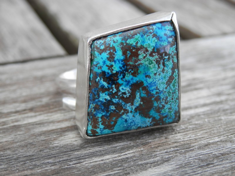 Bague ajustable carrée: Chrysocolle, Argent 925