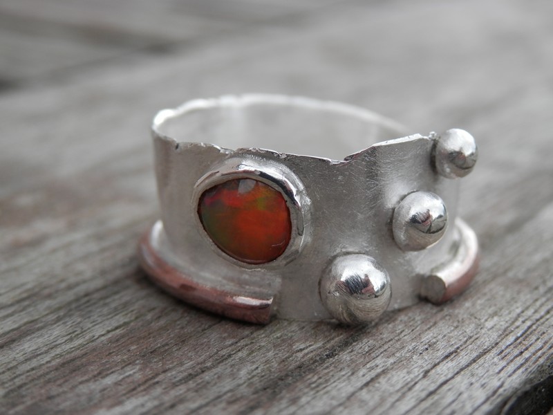 Bague Design: Argent 925, Opale de Feu, Cuivre