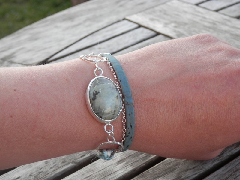 Bracelet Manchette Coloré: Argent 925, Opale Andine, Liège, Soie et Laine